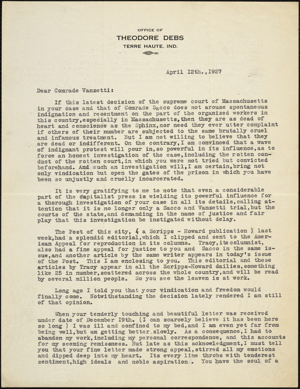 Theodore Debs typed letter signed to Bartolomeo Vanzetti, Terre Haute, Ind., 12 April 1927