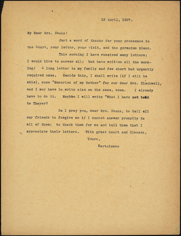 Bartolomeo Vanzetti typed letter (copy) to Elizabeth Glendower Evans, [Dedham], 13 April 1927