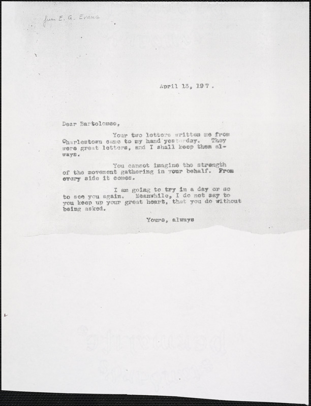 Elizabeth Glendower Evans typed note (photocopy) to Bartolomeo Vanzetti, [Boston?], 13 April 1927