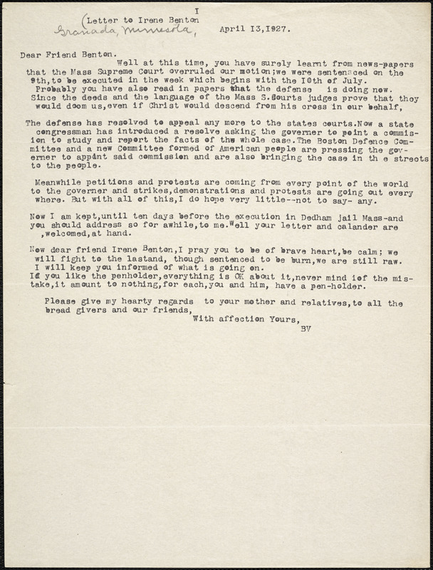 Bartolomeo Vanzetti typed letter (copy) to Irene Benton, [Dedham], 13 April 1927