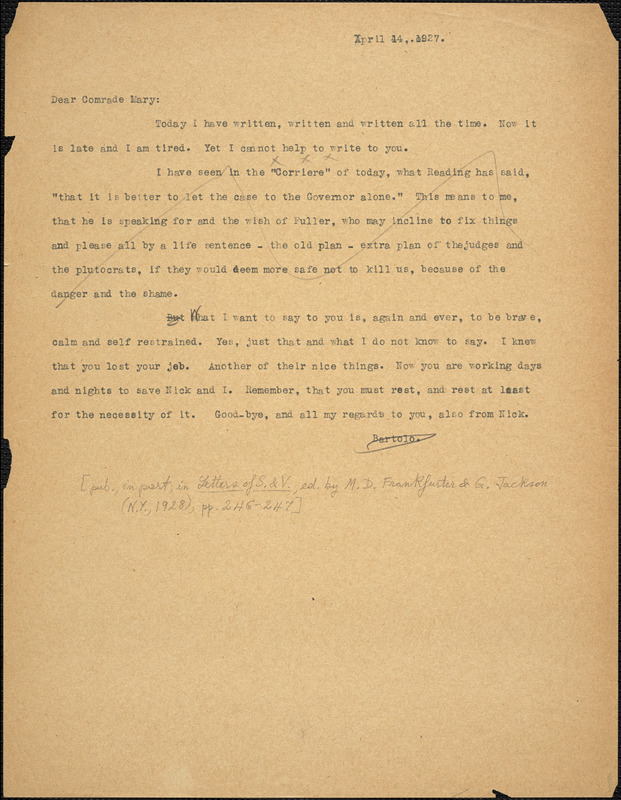 Bartolomeo Vanzetti typed letter (copy) to Mary Donovan, [Dedham], 14 April 1927