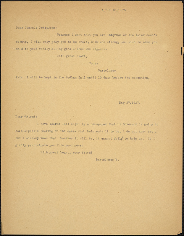 Bartolomeo Vanzetti typed note (copy) to Maude Pettyjohn, [Dedham], 15 April 1927 ; Bartolomeo Vanzetti typed letter (copy) to Maude Pettyjohn, [Dedham], 27 May 1927