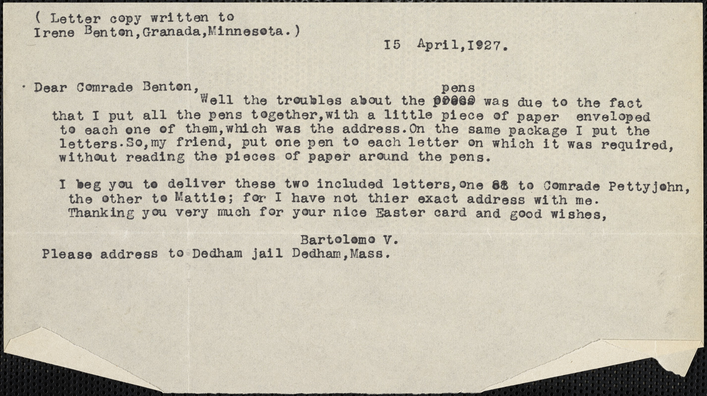 Bartolomeo Vanzetti typed note (copy) to Irene Benton, [Dedham], 15 April 1927
