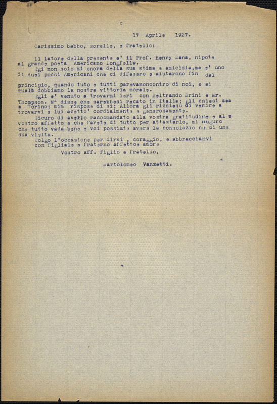 Bartolomeo Vanzetti typed letter (copy) to Giovanni Battista Vanzetti, [Dedham], 17 April 1927