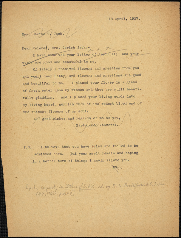 Bartolomeo Vanzetti typed note (copy) to Cerise Jack, [Dedham], 18 April 1927