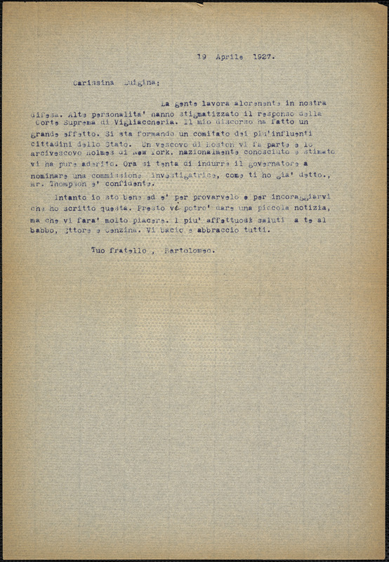Bartolomeo Vanzetti typed letter (copy) to Luigia Vanzetti, [Dedham], 19 April 1927