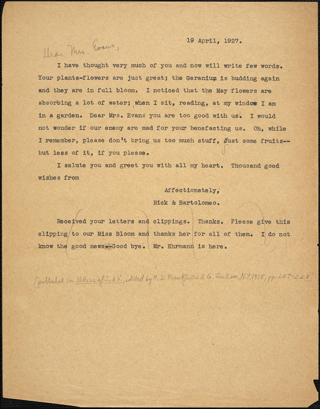 Bartolomeo Vanzetti typed letter (copy) to [Elizabeth Glendower Evans], [Dedham], 19 April 1927