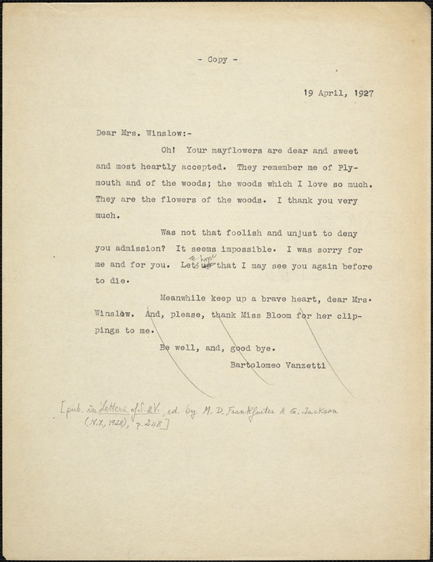 Bartolomeo Vanzetti typed note (copy) to Gertrude L. Winslow, [Dedham], 19 April 1927