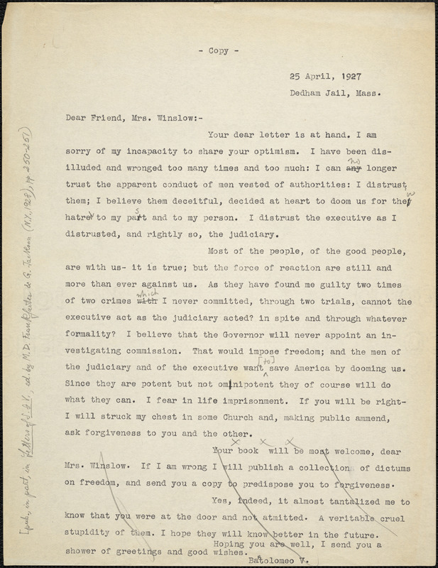 Bartolomeo Vanzetti typed letter (copy) to Gertrude L. Winslow, Dedham, 25 April 1927