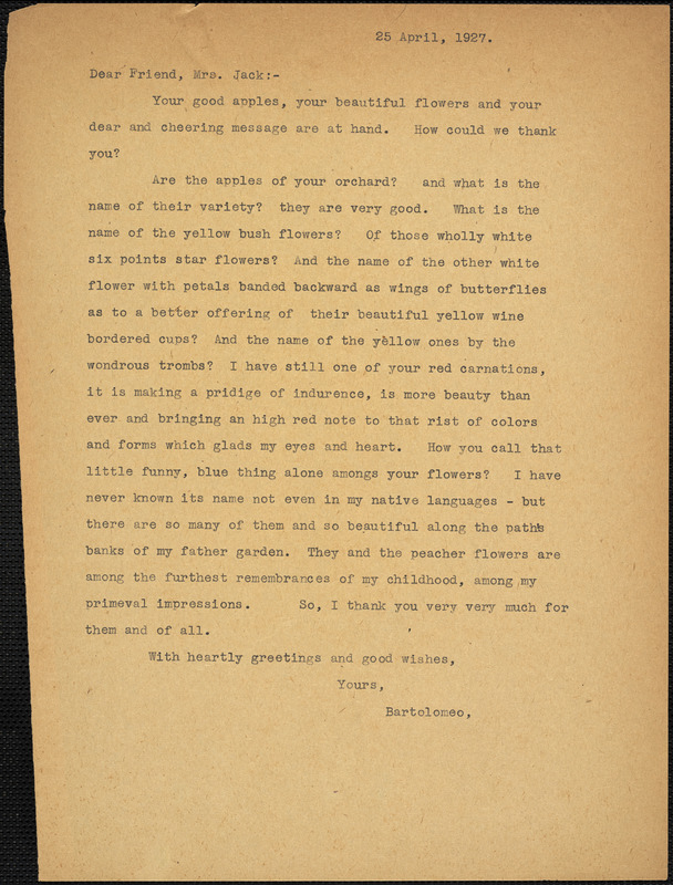Bartolomeo Vanzetti typed letter (copy) to Cerise Jack, [Dedham], 25 April 1927