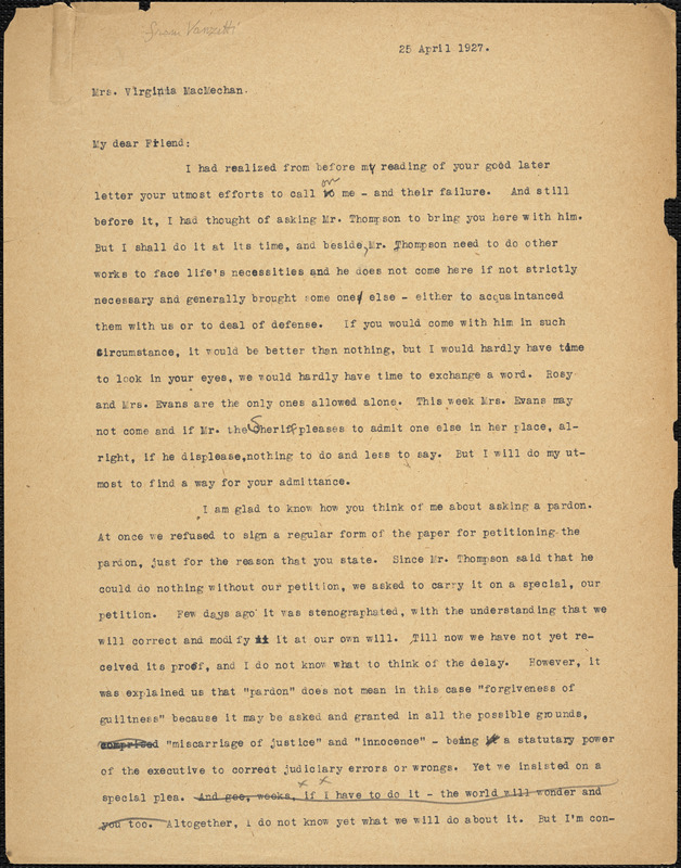 Bartolomeo Vanzetti typed letter (copy) to Virginia A. MacMechan, [Dedham], 27 April 1927