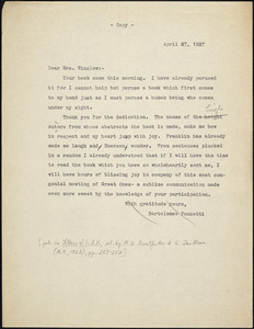 Bartolomeo Vanzetti typed letter (copy) to Gertrude L. Winslow, [Dedham], 27 April 1927