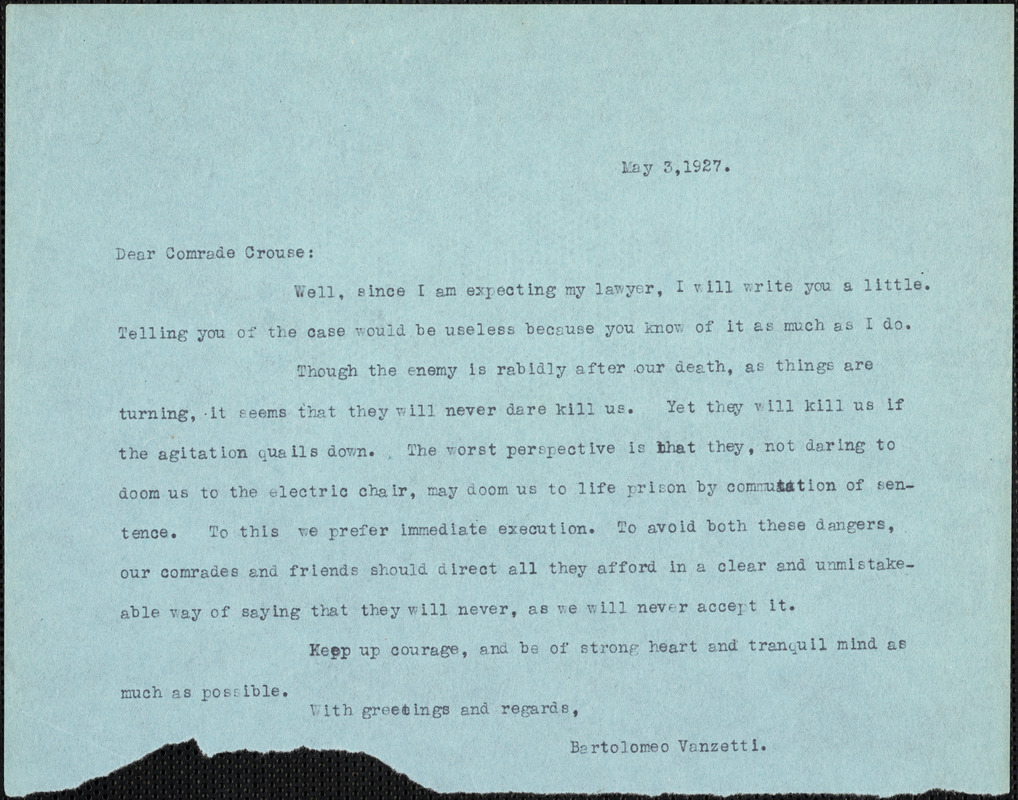 Bartolomeo Vanzetti typed note (copy) to Comrade Crouse, [Dedham], 3 May 1927