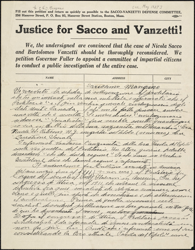 Bartolomeo Vanzetti autographed letter signed to [G.] Mangano, [Dedham, May? 1927]