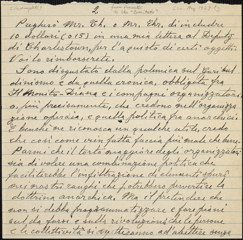 Bartolomeo Vanzetti autographed letter signed "Comitato" [Sacco-Vanzetti Defense Committee] (incomplete), [Dedham, May 1927]