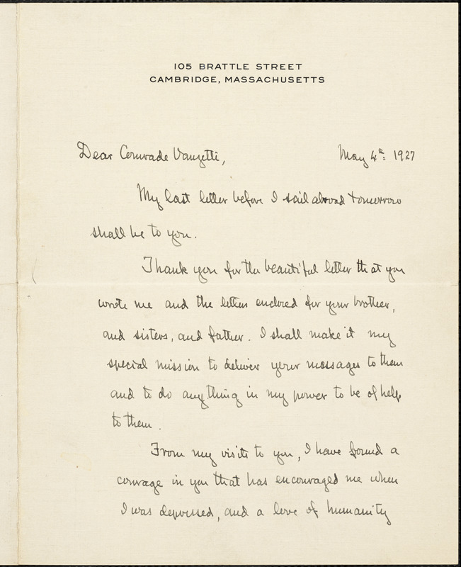 Harry W.L. Dana autographed letter signed to Bartolomeo Vanzetti, Cambridge, Mass., 4 May 1927