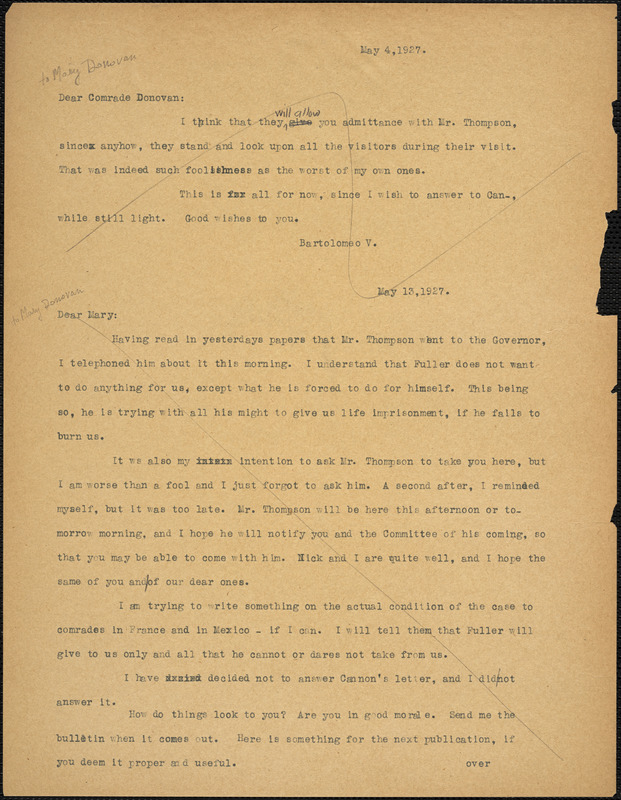 Bartolomeo Vanzetti typed note (copy) to Mary Donovan, [Dedham], 4 May 1927 ; Bartolomeo Vanzetti typed letter (copy) to Mary Donovan, [Dedham], 13 May 1927