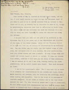 Bartolomeo Vanzetti typed letter (copy) to Gertrude L. Winslow, Dedham, 7 May 1927