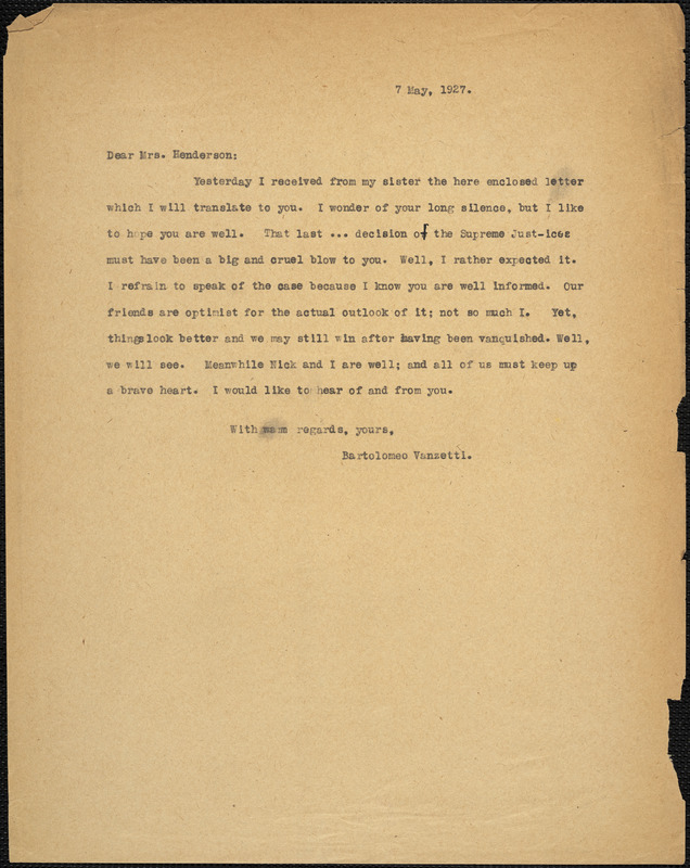 Bartolomeo Vanzetti typed letter (copy) to Jessica Henderson, [Dedham], 7 May 1927
