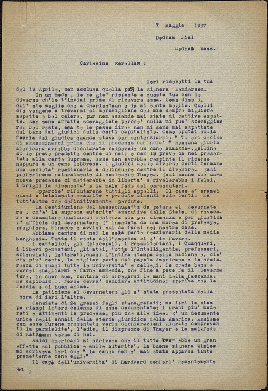 Bartolomeo Vanzetti typed letter (copy) to Luigia Vanzetti, Dedham, 7 May 1928