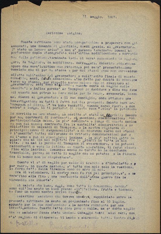 Bartolomeo Vanzetti typed letter (copy) to Luigia Vanzetti, [Dedham], 11 May 1927