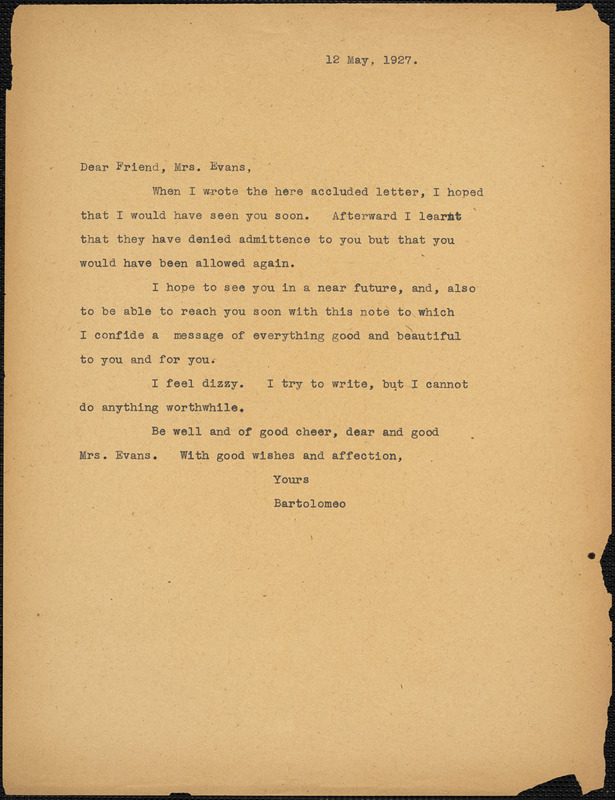 Bartolomeo Vanzetti typed note (copy) to Elizabeth Glendower Evans, [Dedham], 12 May 1927