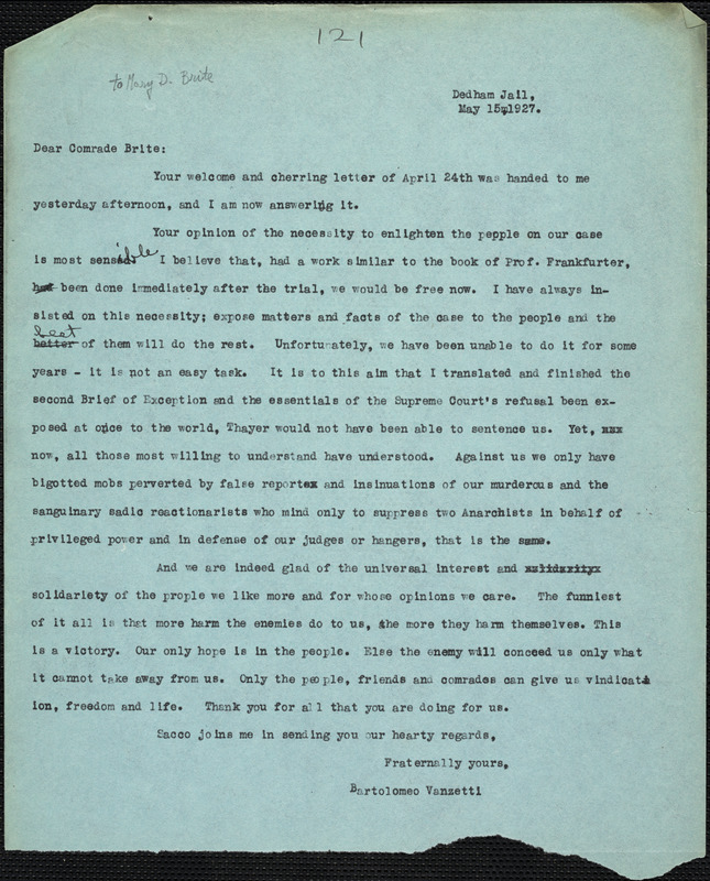 Bartolomeo Vanzetti typed letter (copy) to Mary D. Brite, Dedham, 15 May 1927