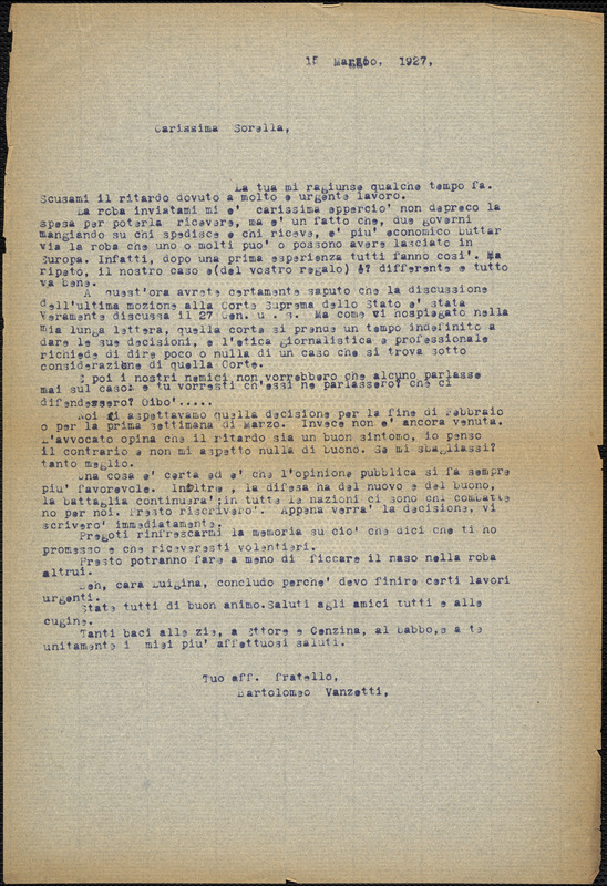 Bartolomeo Vanzetti typed letter (copy) to Luigia Vanzetti, [Dedham], 15 May 1927