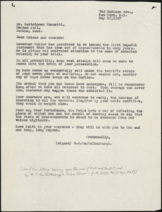 [Warren Starr] Van Valkenburgh. typed letter (copy) to Bartolomeo Vanzetti, New York, 17 May 1927