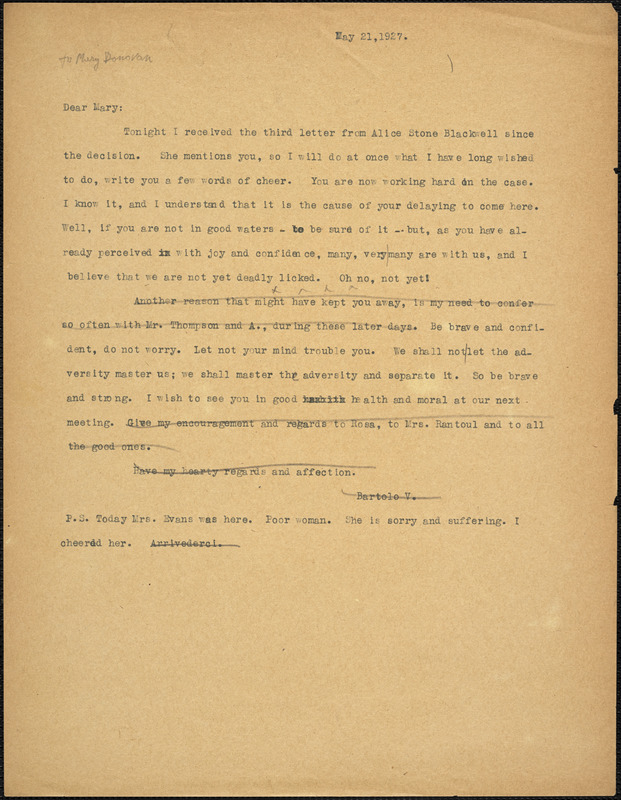 Bartolomeo Vanzetti typed letter (copy) to Mary Donovan, [Dedham], 21 May 1927