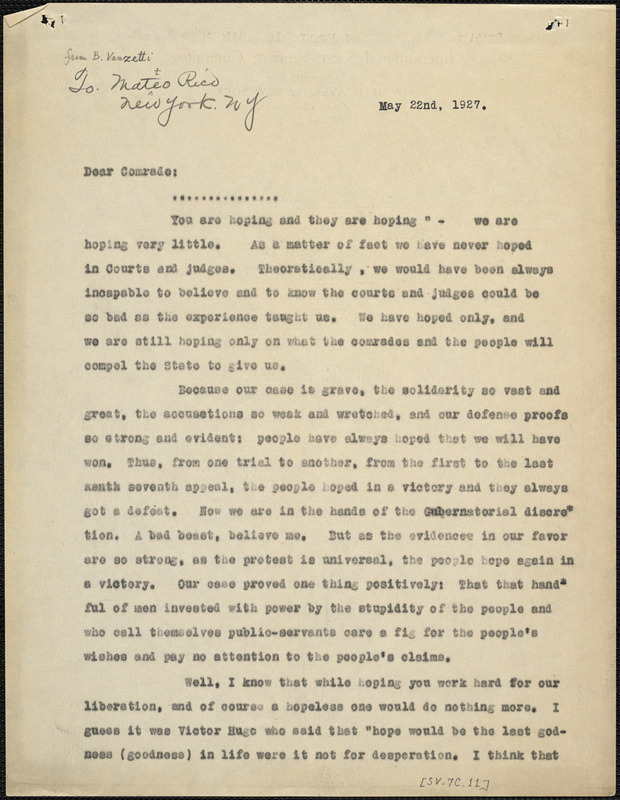 Bartolomeo Vanzetti typed letter (copy) to [Matto Rico], [Dedham], 22 May 1927