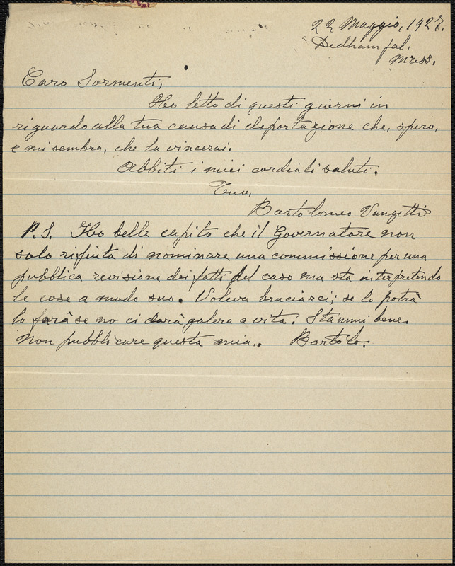 Bartolomeo Vanzetti autographed note signed to Ena Sormenti [Vittorio Vidali], Dedham, 22 May 1927