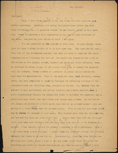 Bartolomeo Vanzetti typed letter (copy) to Mary Donovan, [Dedham], 22 May 1927