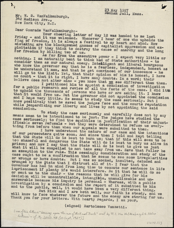 Bartolomeo Vanzetti typed letter (copy) to W.S. Van Valkenburgh, Dedham, 23 May 1927