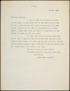 Bartolomeo Vanzetti typed letter (copy) to Gertrude L. Winslow, [Dedham], 24 May 1927