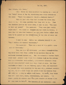 Bartolomeo Vanzetti typed letter (copy) to Elizabeth Glendower Evans, [Dedham], 24 May 1927