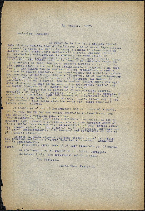 Bartolomeo Vanzetti typed letter (copy) to Luigia Vanzetti, [Dedham], 24 May 1927