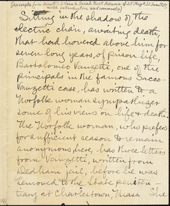 Bartolomeo Vanzetti manuscript excerpts to Sarah Root Adams, 25 May and 22 June 1927 ; Bartolomeo Vanzetti manuscript excerpts to Sarah Root Adams, Dedham, 22 May 1927