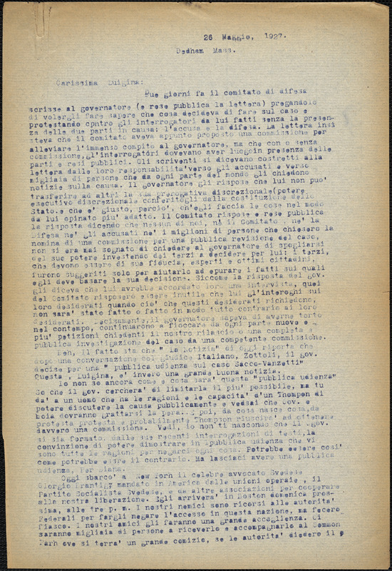 Bartolomeo Vanzetti typed letter (copy) to Luigia Vanzetti, Dedham, 26 May 1927
