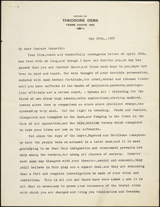 Theodore Debs typed letter signed to Bartolomeo Vanzetti, Terra Haute, Ind., 28 May 1927