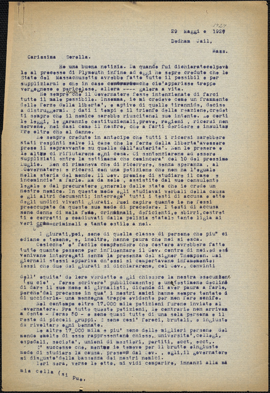 Bartolomeo Vanzetti typed letter (copy) to Luigia Vanzetti, Dedham, 29 May 1927