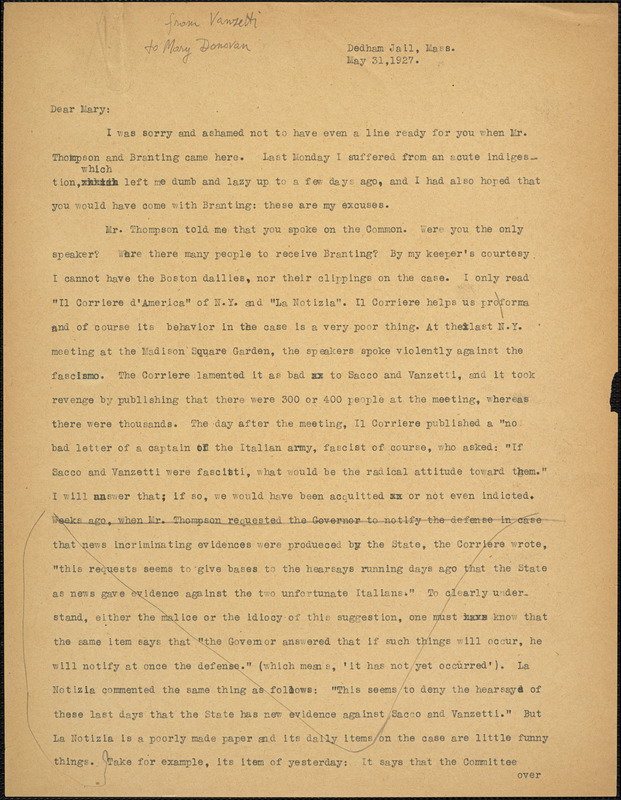 Bartolomeo Vanzetti typed letter (copy) to Mary Donovan, [Dedham], 31 May 1927