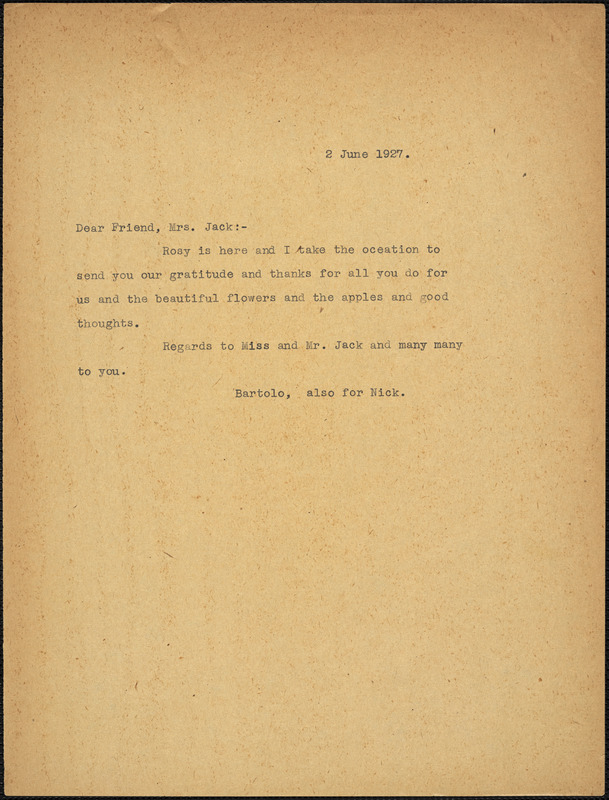Bartolomeo Vanzetti typed note to Cerise Jack, [Dedham], 2 June 1927