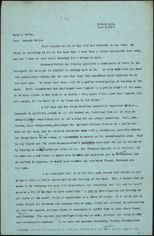 Bartolomeo Vanzetti typed letter (copy) Mary D. Brite, Dedham, 5 June 1927
