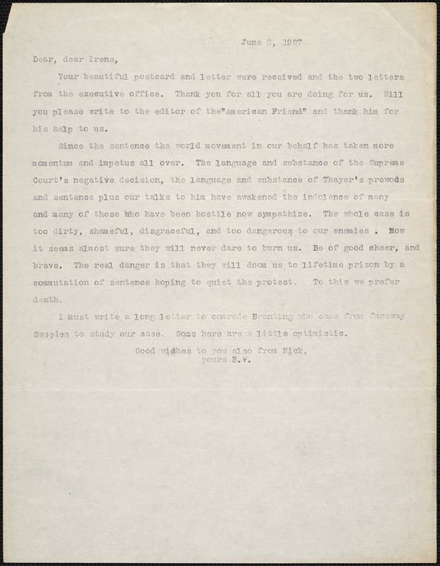 Bartolomeo Vanzetti typed letter (copy) to Irene Benton, [Dedham], 8 June 1927