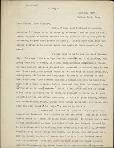 Bartolomeo Vanzetti typed letter (copy) to Gertrude L. Winslow, Dedham, 7 June 1927