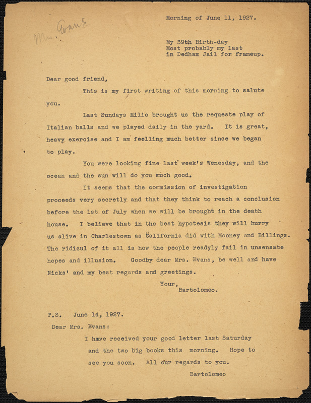 Bartolomeo Vanzetti typed letter (copy) to Elizabeth Glendower Evans, [Dedham], 11 June 1927