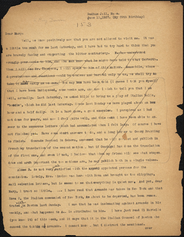 Bartolomeo Vanzetti typed letter (copy) to Mary Donovan, Dedham, 11 June 1927