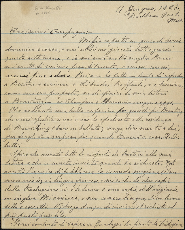 Bartolomeo Vanzetti autographed letter to Comrades [Sacco-Vanzetti Defense Committee], Dedham, 11 June 1927