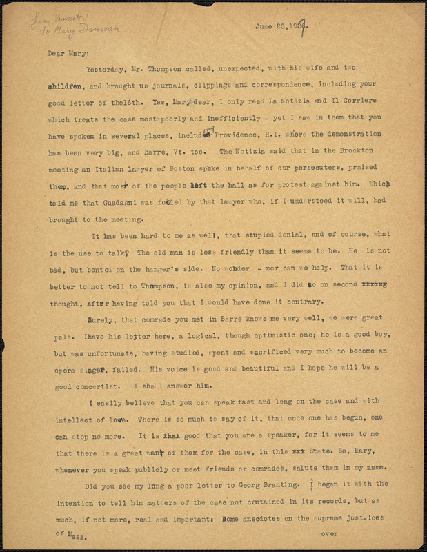 Bartolomeo Vanzetti typed letter (copy) to Mary Donovan, [Dedham], 20 June 1927